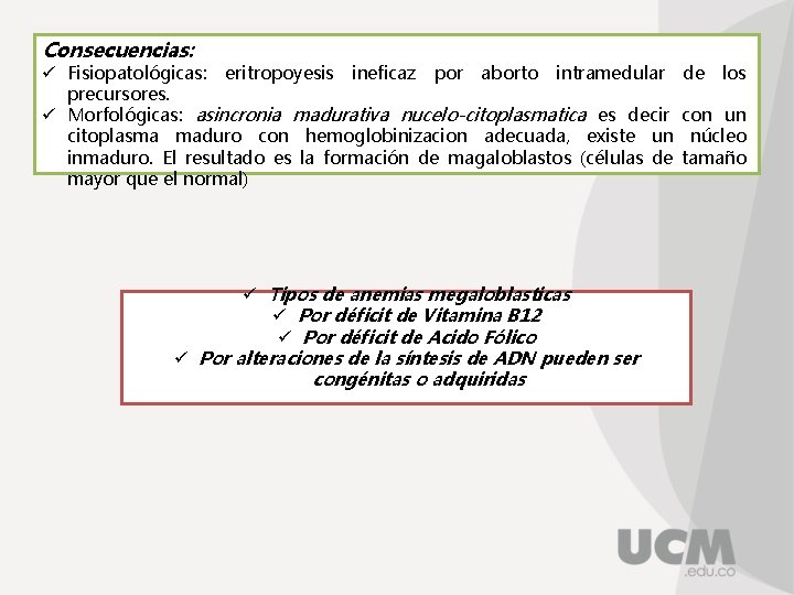 Consecuencias: ü Fisiopatológicas: eritropoyesis ineficaz por aborto intramedular de los precursores. ü Morfológicas: asincronia