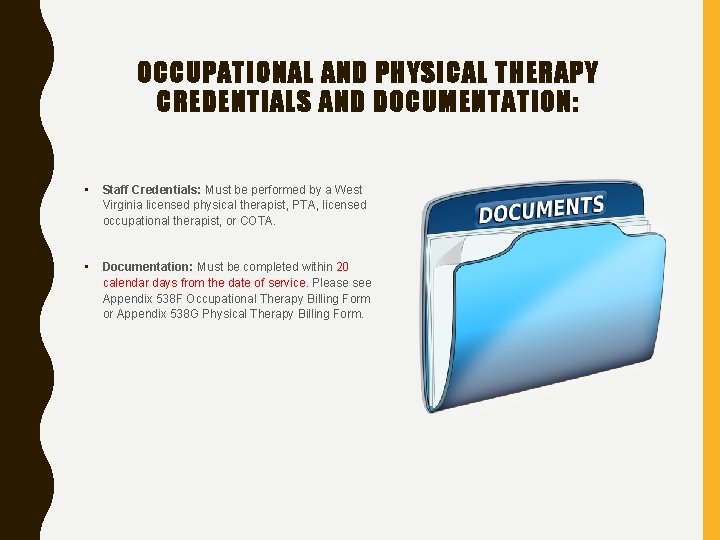 OCCUPATIONAL AND PHYSICAL THERAPY CREDENTIALS AND DOCUMENTATION: • Staff Credentials: Must be performed by