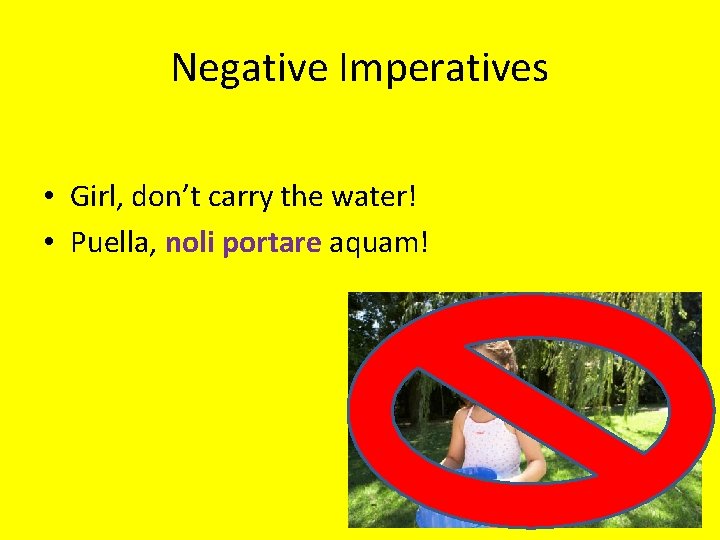 Negative Imperatives • Girl, don’t carry the water! • Puella, noli portare aquam! 