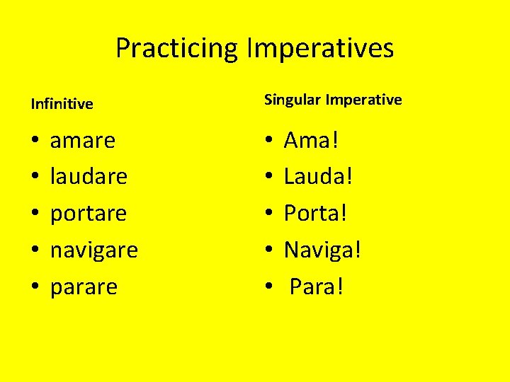 Practicing Imperatives Infinitive • • • amare laudare portare navigare parare Singular Imperative •