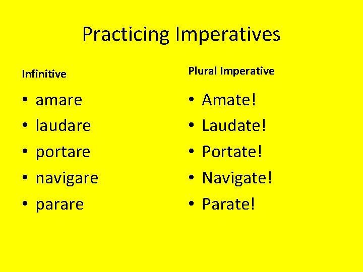 Practicing Imperatives Infinitive • • • amare laudare portare navigare parare Plural Imperative •