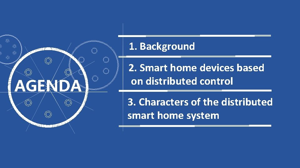 1. Background AGENDA 2. Smart home devices based on distributed control 3. Characters of