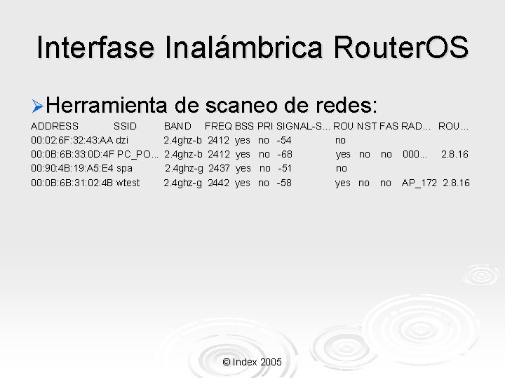 Interfase Inalámbrica Router. OS ØHerramienta de scaneo de redes: ADDRESS SSID 00: 02: 6