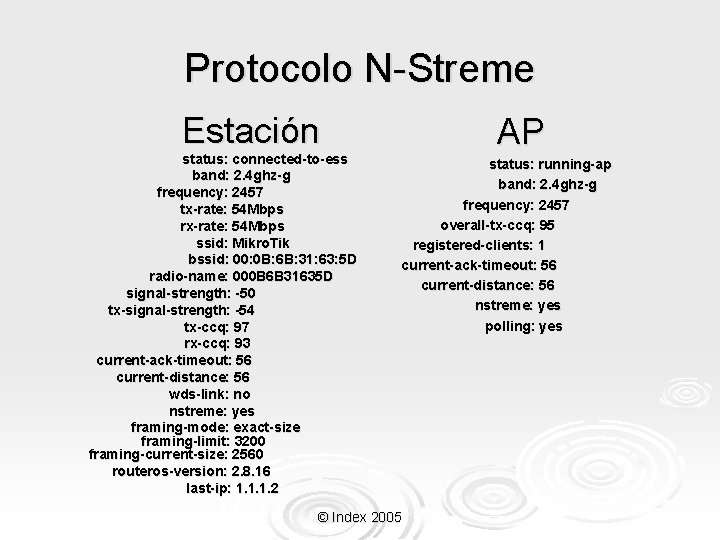Protocolo N-Streme Estación status: connected-to-ess band: 2. 4 ghz-g frequency: 2457 tx-rate: 54 Mbps