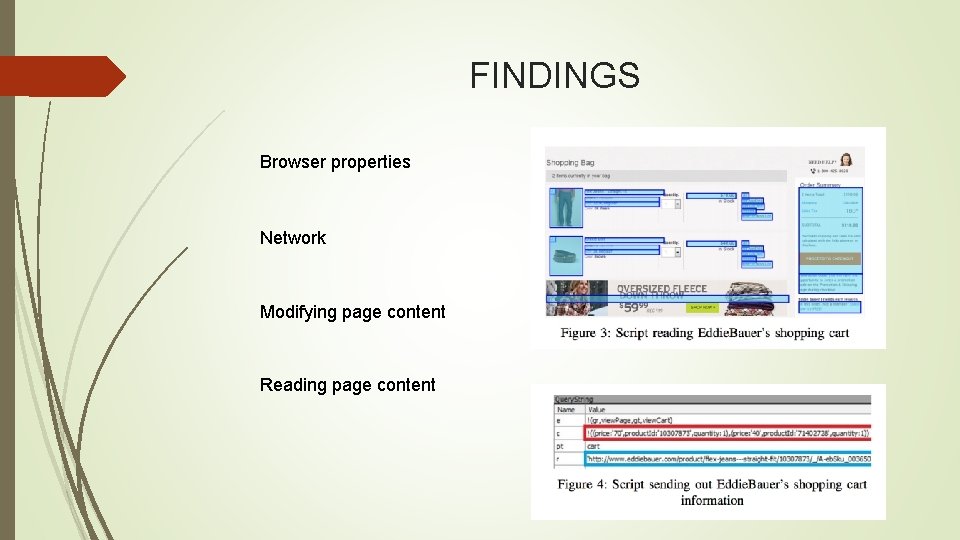 FINDINGS Browser properties Network Modifying page content Reading page content 