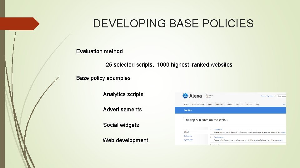 DEVELOPING BASE POLICIES Evaluation method 25 selected scripts, 1000 highest ranked websites Base policy