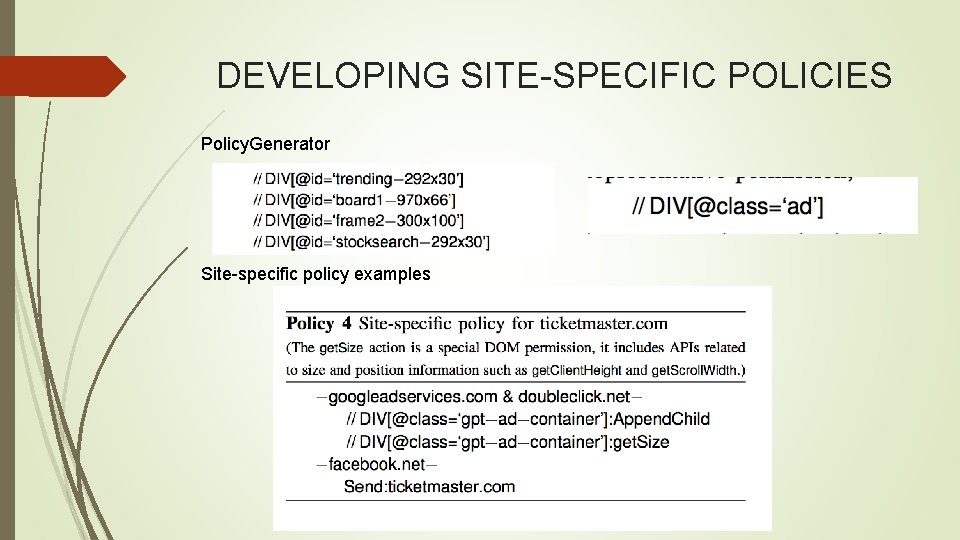 DEVELOPING SITE-SPECIFIC POLICIES Policy. Generator Site-specific policy examples 