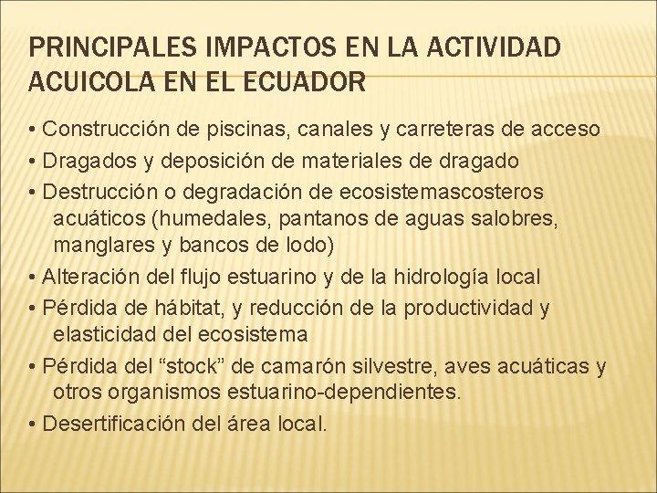PRINCIPALES IMPACTOS EN LA ACTIVIDAD ACUICOLA EN EL ECUADOR • Construcción de piscinas, canales
