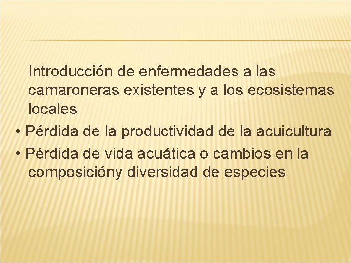 Introducción de enfermedades a las camaroneras existentes y a los ecosistemas locales • Pérdida