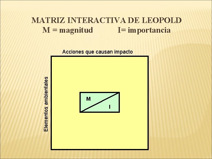 MATRIZ INTERACTIVA DE LEOPOLD M = magnitud I= importancia Elementos ambientales Acciones que causan