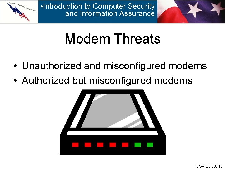  • Introduction to Computer Security and Information Assurance Modem Threats • Unauthorized and