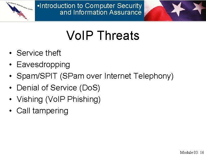 • Introduction to Computer Security and Information Assurance Vo. IP Threats • •