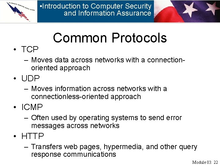  • Introduction to Computer Security and Information Assurance • TCP Common Protocols –