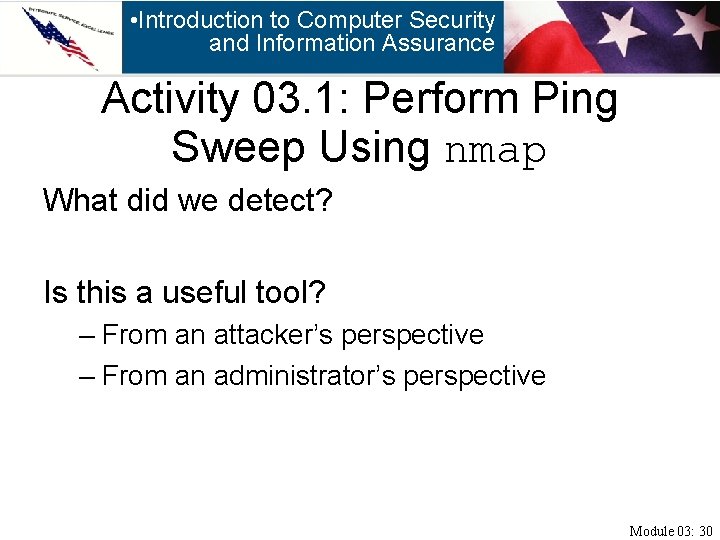  • Introduction to Computer Security and Information Assurance Activity 03. 1: Perform Ping