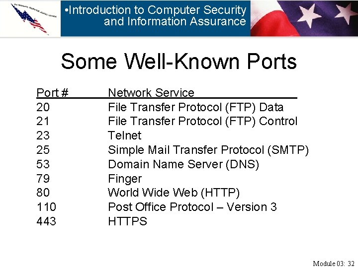  • Introduction to Computer Security and Information Assurance Some Well-Known Ports Port #