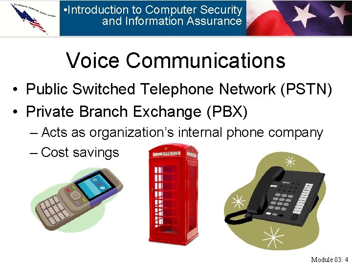  • Introduction to Computer Security and Information Assurance Voice Communications • Public Switched