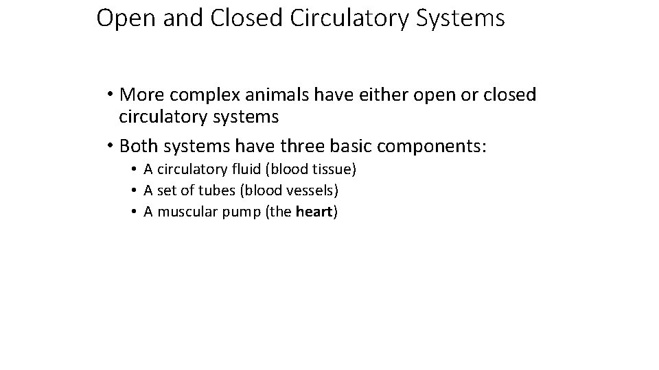 Open and Closed Circulatory Systems • More complex animals have either open or closed