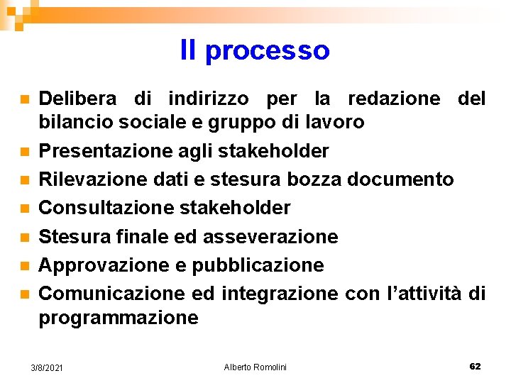 Il processo n n n n Delibera di indirizzo per la redazione del bilancio