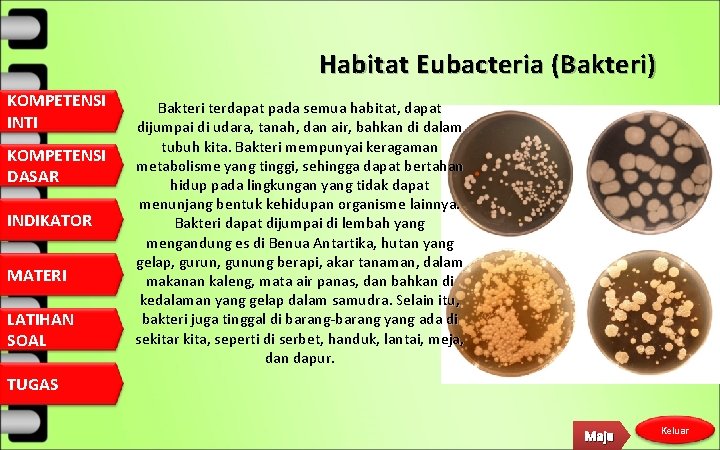 Habitat Eubacteria (Bakteri) KOMPETENSI INTI KOMPETENSI DASAR INDIKATOR MATERI LATIHAN SOAL Bakteri terdapat pada Habitat Eubacteria (Bakteri) KOMPETENSI INTI KOMPETENSI DASAR INDIKATOR MATERI LATIHAN SOAL Bakteri terdapat pada