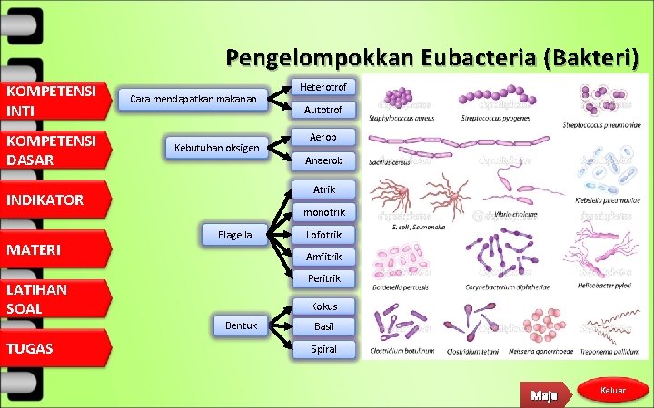 Pengelompokkan Eubacteria (Bakteri) KOMPETENSI INTI Cara mendapatkan makanan KOMPETENSI DASAR Kebutuhan oksigen Aerob Anaerob