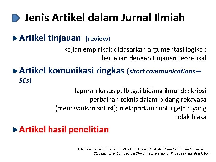 Jenis Artikel dalam Jurnal Ilmiah Artikel tinjauan (review) kajian empirikal; didasarkan argumentasi logikal; bertalian