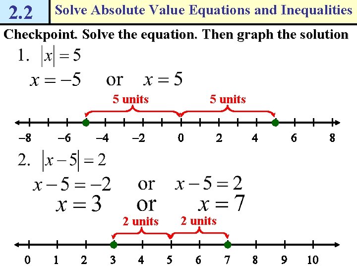 2. 2 Solve Absolute Value Equations and Inequalities Checkpoint. Solve the equation. Then graph