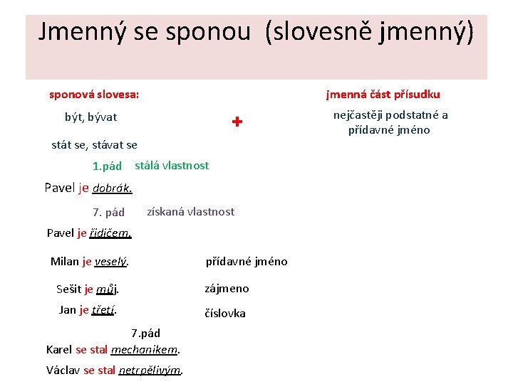 Jmenný se sponou (slovesně jmenný) sponová slovesa: jmenná část přísudku + být, bývat stát