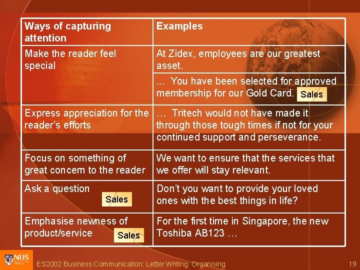 Ways of capturing attention Examples Make the reader feel special At Zidex, employees are