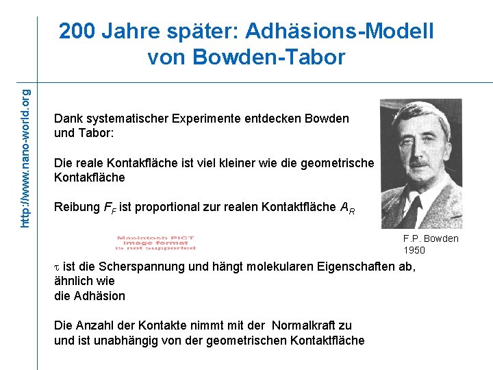 http: //www. nano-world. org 200 Jahre später: Adhäsions-Modell von Bowden-Tabor Dank systematischer Experimente entdecken
