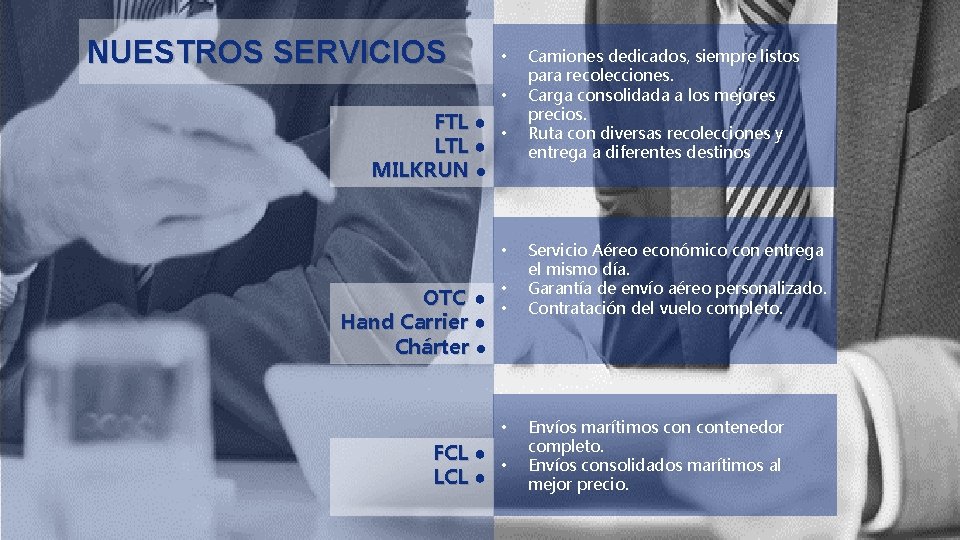 NUESTROS SERVICIOS • • FTL ● • LTL ● MILKRUN ● • • OTC