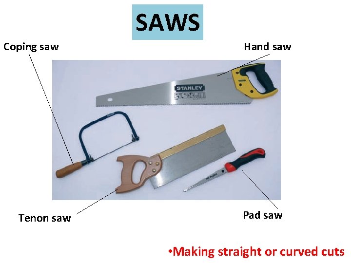 SAWS Coping saw Tenon saw Hand saw Pad saw • Making straight or curved