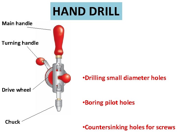 HAND DRILL Main handle Turning handle • Drilling small diameter holes Drive wheel •
