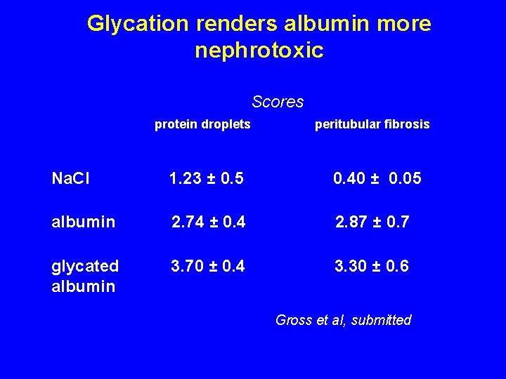 Glycation renders albumin more nephrotoxic Scores protein droplets peritubular fibrosis Na. Cl 1. 23