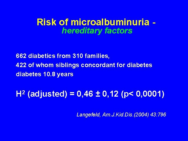 Risk of microalbuminuria hereditary factors 662 diabetics from 310 families, 422 of whom siblings