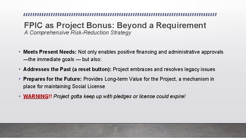 FPIC as Project Bonus: Beyond a Requirement A Comprehensive Risk-Reduction Strategy • Meets Present