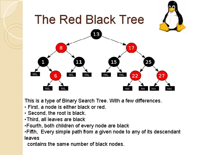 The Red Black Tree This is a type of Binary Search Tree. With a