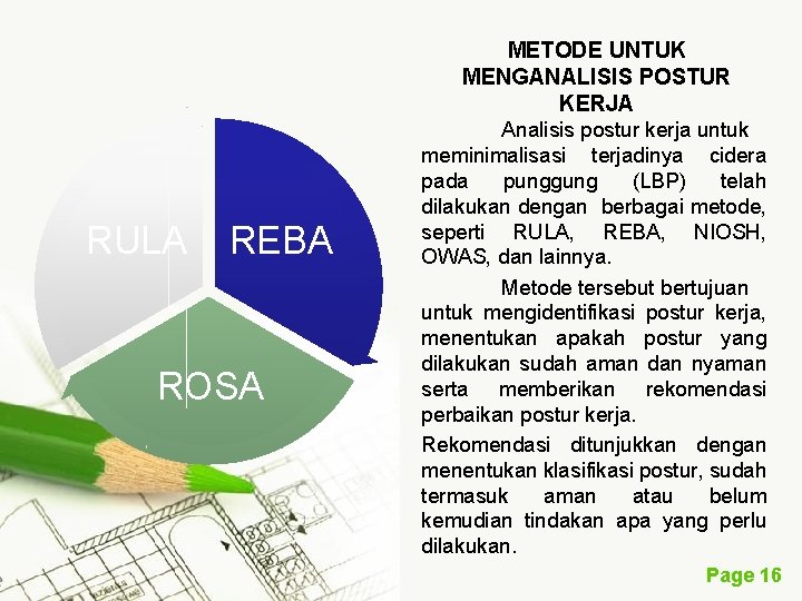 METODE UNTUK MENGANALISIS POSTUR KERJA RULA REBA ROSA Analisis postur kerja untuk meminimalisasi terjadinya