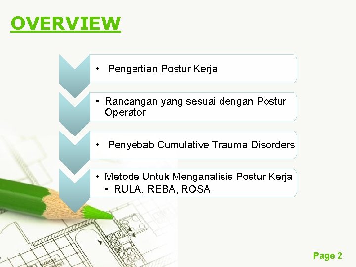 OVERVIEW • Pengertian Postur Kerja • Rancangan yang sesuai dengan Postur Operator • Penyebab