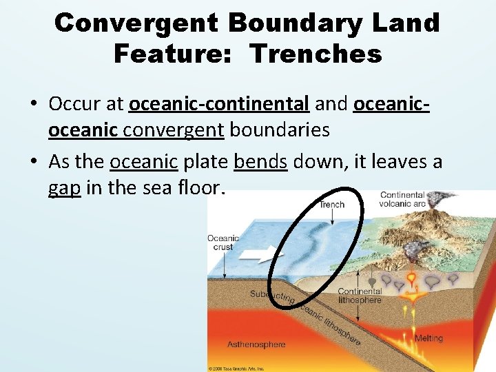 Convergent Boundary Land Feature: Trenches • Occur at oceanic-continental and oceanic convergent boundaries •