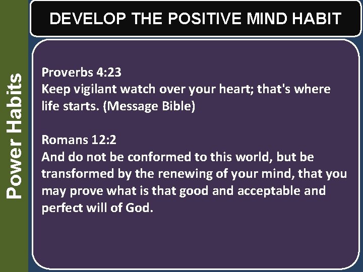 Power Habits DEVELOP THE POSITIVE MIND HABIT Proverbs 4: 23 Keep vigilant watch over