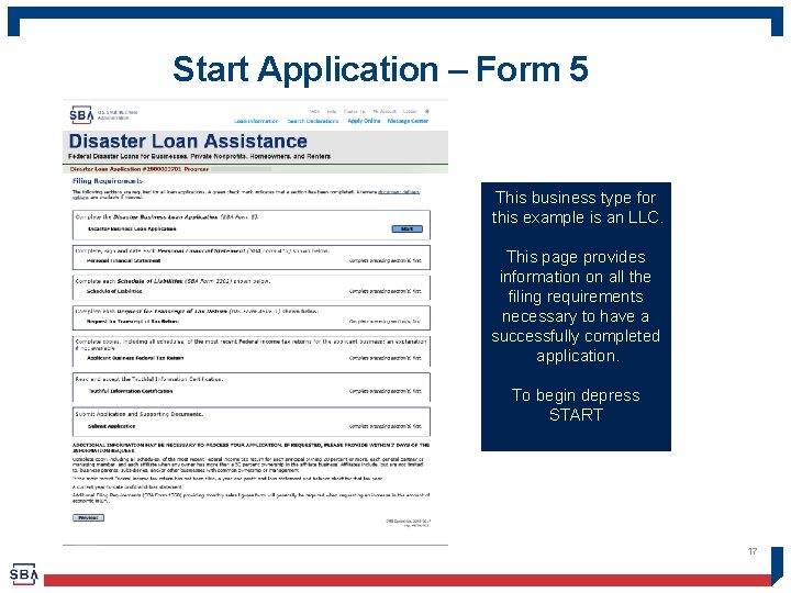 Start Application – Form 5 This business type for this example is an LLC.