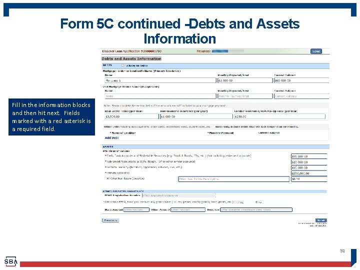 Form 5 C continued -Debts and Assets Information Fill in the information blocks and