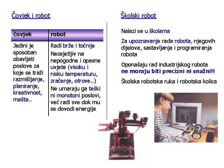 Čovjek i robot čovjek Jedini je sposoban obavljati poslove za koje se traži razmišljanje,