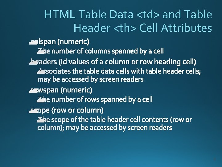 HTML Table Data <td> and Table Header <th> Cell Attributes 8 