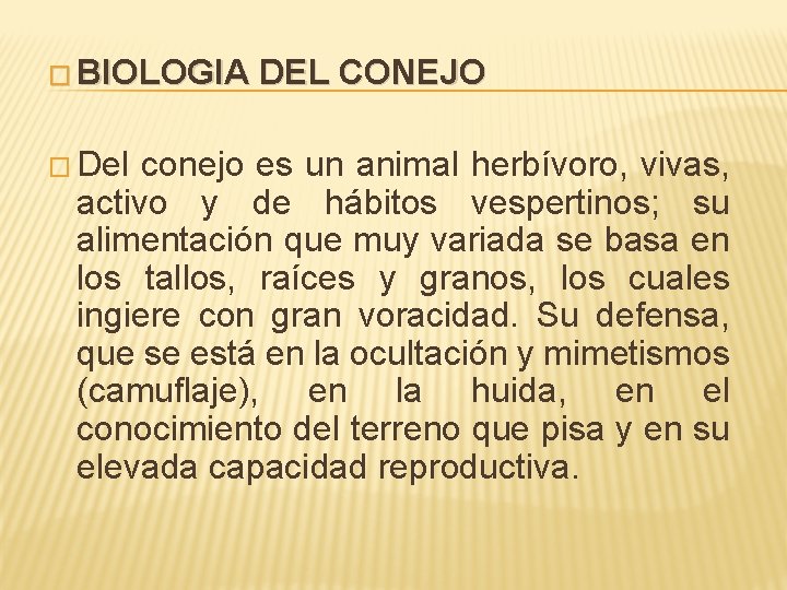 � BIOLOGIA DEL CONEJO � Del conejo es un animal herbívoro, vivas, activo y