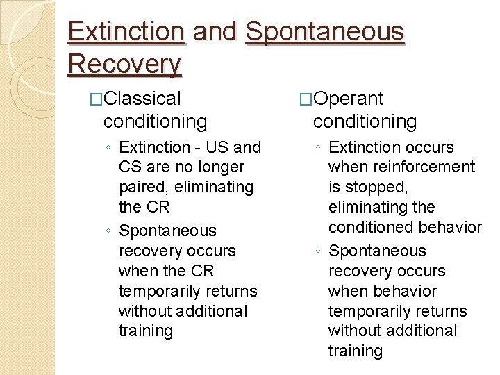 Extinction and Spontaneous Recovery �Classical �Operant conditioning ◦ Extinction - US and CS are