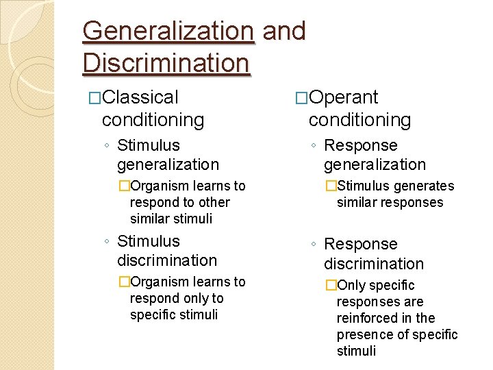 Generalization and Discrimination �Classical �Operant conditioning ◦ Stimulus generalization ◦ Response generalization �Organism learns