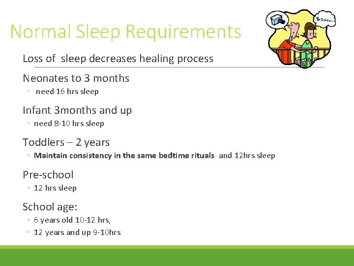 Normal Sleep Requirements Loss of sleep decreases healing process Neonates to 3 months ◦