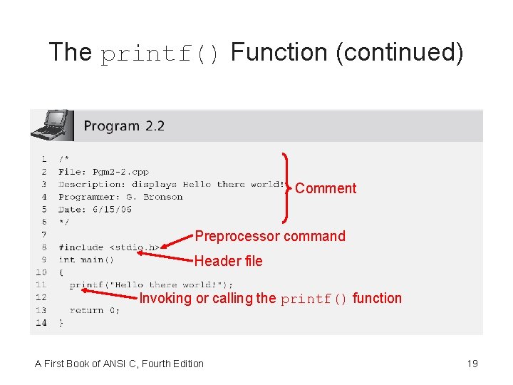 The printf() Function (continued) Comment Preprocessor command Header file Invoking or calling the printf()