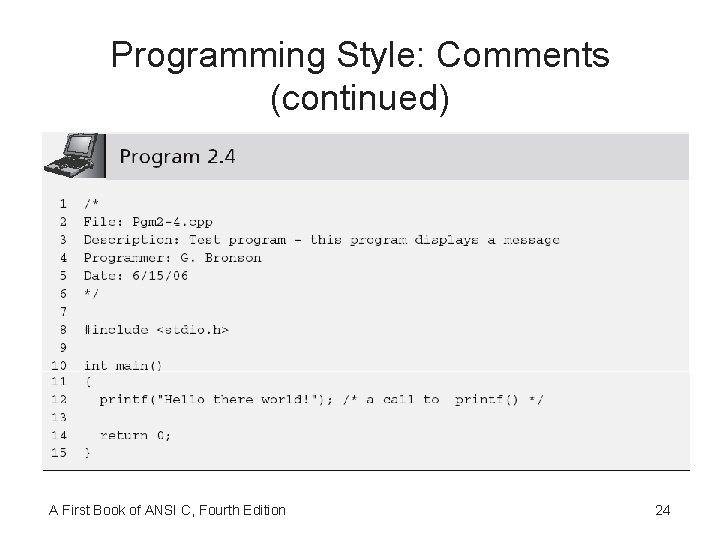 Programming Style: Comments (continued) A First Book of ANSI C, Fourth Edition 24 